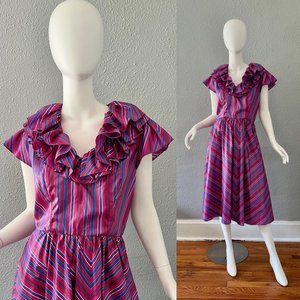 Vintage 70s Colorful Shiny CHEVRON Striped ACT I Disco Ruffle Party Dress S